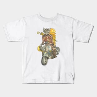 Steampunk Yellow Umbrella Cat Riding Motorcycle Kids T-Shirt